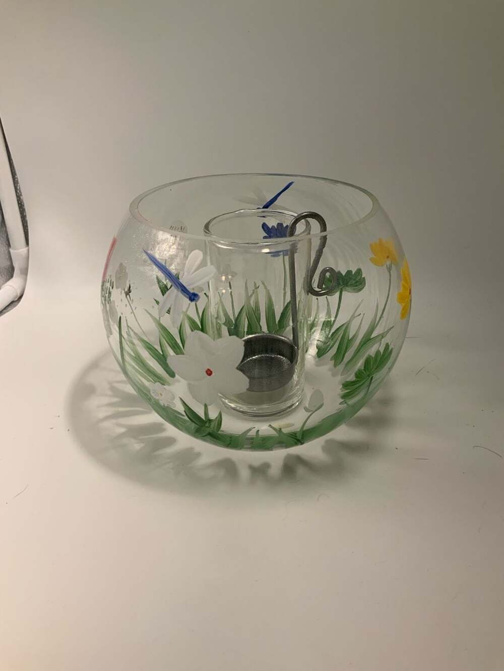 Royal Danube Hand Painted Floral and Butterfly Glass Bowl with Center Insert